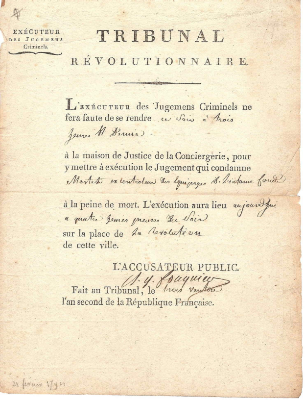Altes französisches Rechtsdokument mit dem Titel 'Tribunal Révolutionnaire', das Hinrichtungsurteile enthält, mit vergilbtem Papier und geschwungener Schrift.