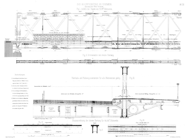 Ein detailliertes Bild einer Brücke, enthält die Kaiserbrücke in Bremen, mit begleitendem Text.