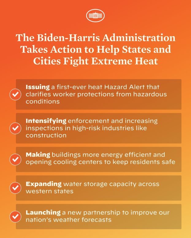 Plakat mit der Überschrift "Die Biden-Harris-Verwaltung ergreift Maßnahmen, um den Staaten und Städten bei der Bekämpfung von Extremtemperaturen zu helfen" mit einem roten und weißen Schild-Design mit einem Blitz, eingerahmt von einem gelben Rand auf einem weißen Hintergrund.