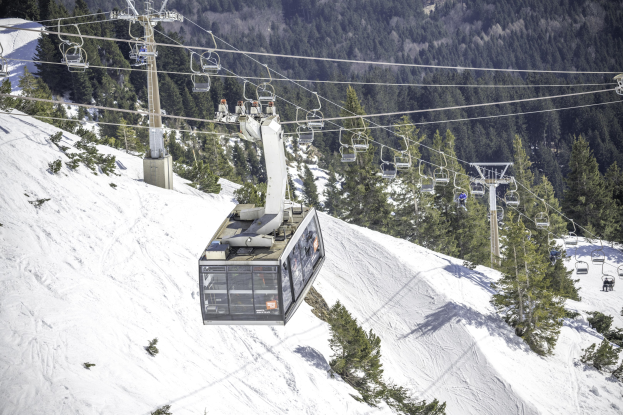 Eine mit Menschen gefüllte Gondel fährt einen schneebedeckten Berg hinauf, mit hohen Nadelbäumen im Hintergrund.