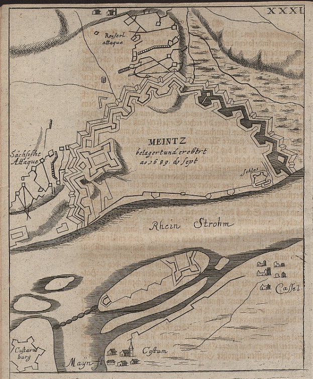 Alte detaillierte Karte von Meintz, Deutschland, zeigt Straßen, Gebäude, Sehenswürdigkeiten und Text mit historischem und geographischem Informationsgehalt.