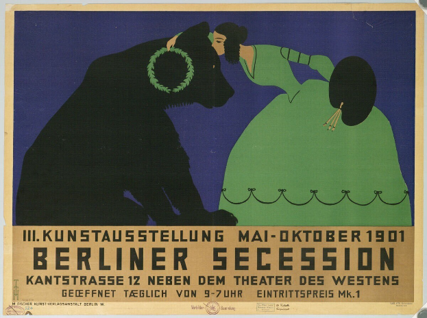 Ein Plakat der Berliner Secession mit einer Frau in einem grünen Kleid und einem Mann in einem schwarzen Anzug, mit Text, der das Ereignis beschreibt.