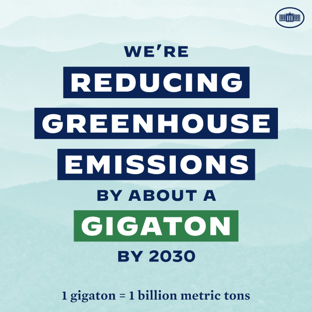 Plakat mit Text und Logo, das besagt: "Wir reduzieren die Treibhausgasemissionen um etwa eine Gigatonne bis 2030", und setzt sich für eine signifikante Reduzierung der Treibhausgasemissionen bis 2030 ein.
