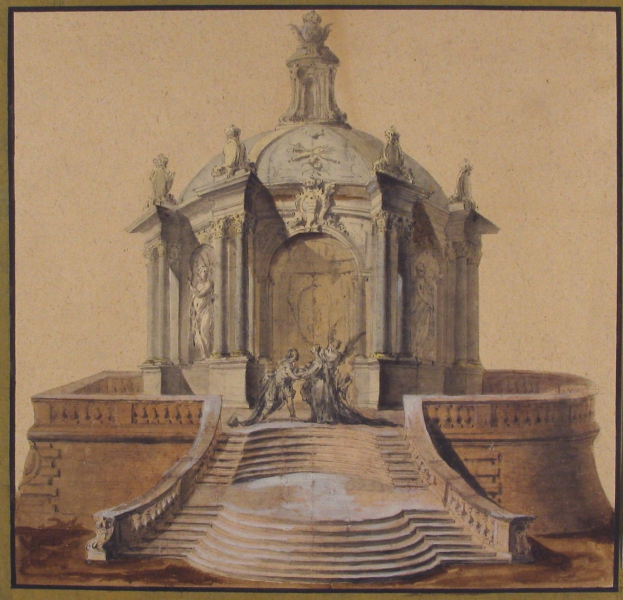 Eine klassisch anmutende Zeichnung eines Brunnens mit einer Statue darauf, umgeben von Stufen und Skulpturen, in einem Rahmen eingefasst.