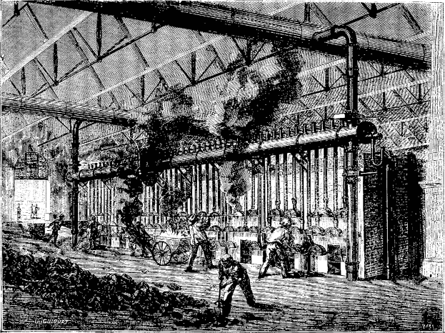 Schwarz-weiß-Illustration einer belebten Stahlfabrik aus den 1910er Jahren mit Arbeitern, Maschinen und konstruktiven Elementen.