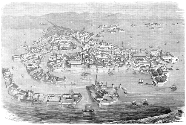 Ein altes Schwarz-Weiß-Gemälde von Krakau aus dem Jahr 1853, eine Stadt auf einem Gewässer mit Booten, Gebäuden und Hügeln im Hintergrund.