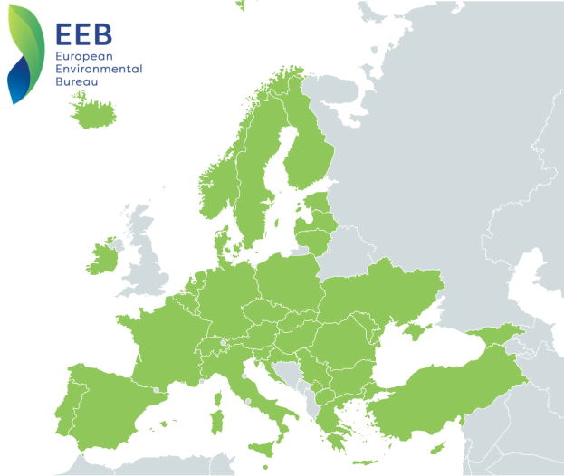 Eine Karte von Europa mit dem Logo der Europäischen Umweltagentur in der linken oberen Ecke, die in verschiedenen Grüntönen schattiert ist, um die EU-Regionen anzuzeigen.