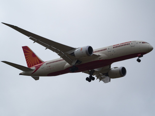Air India-Flugzeug im Flug mit ausgefahrenem Fahrwerk, Tragfl├Ąchen und Triebwerken gegen den Himmel