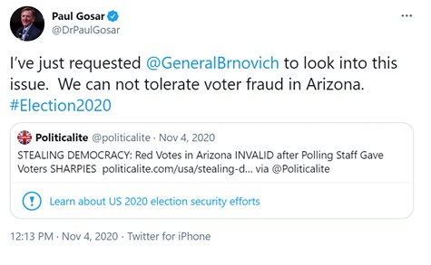 Ein Screenshot des Twitter-Profils von Paul Gosar, das sein Profilbild und den Text "Wir können keine Wahlfälschung in Arizona dulden" zeigt.