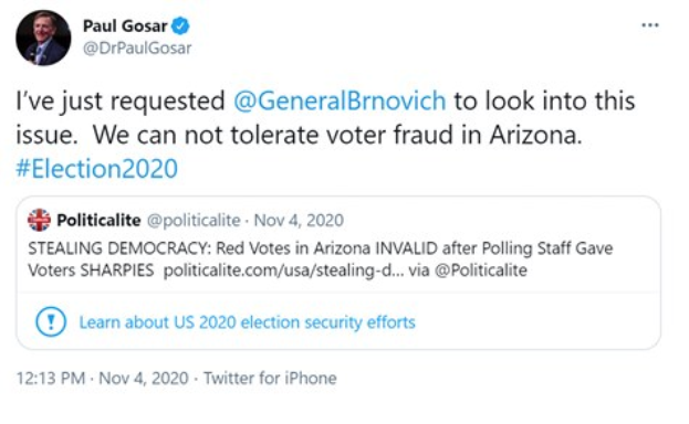 Ein Screenshot des Twitter-Profils von Paul Gosar, das sein Profilbild und den Text "Wir können keine Wahlfälschung in Arizona dulden" zeigt.