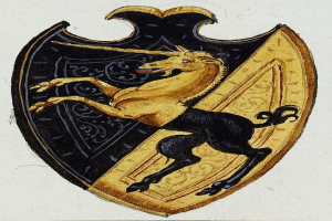 Ein mittelalterliches Gemälde eines Einhorns auf einem Schild, mit dem Einhorn in einer königlichen Haltung und dem Schild mit kunstvollen Designs und leuchtenden Farben verziert.