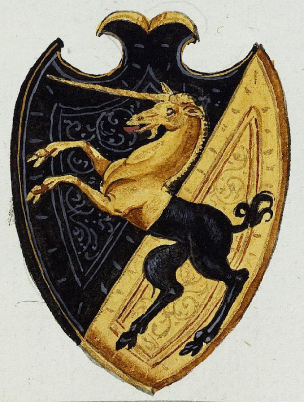 Ein mittelalterliches Gemälde eines Einhorns auf einem Schild, mit dem Einhorn in einer königlichen Haltung und dem Schild mit kunstvollen Designs und leuchtenden Farben verziert.