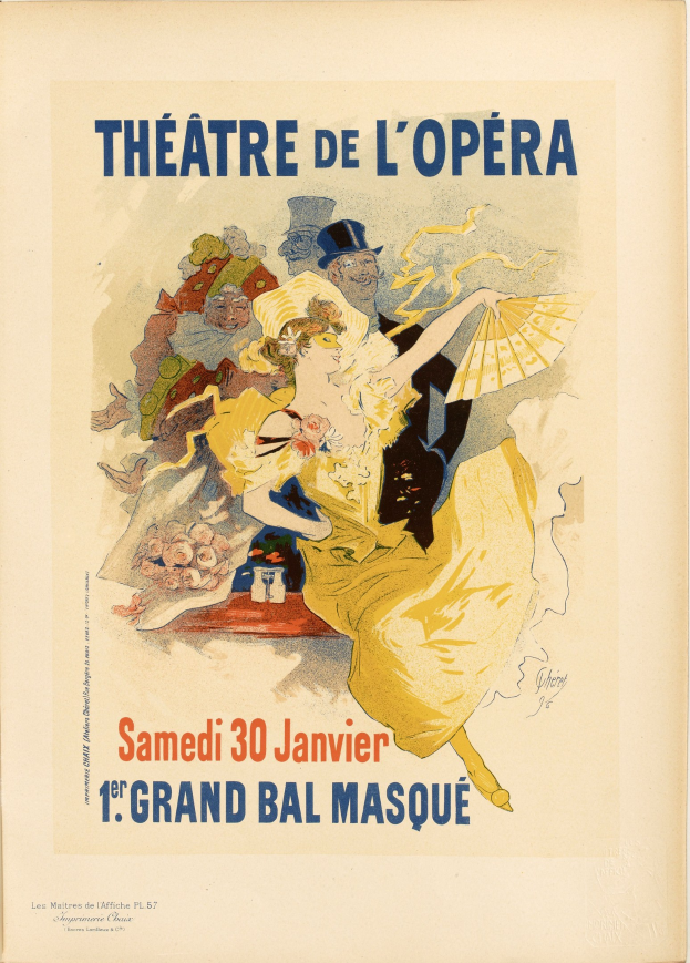 Plakat für das Théâtre de l'Opéra in Paris mit einer Frau in einem weißen Kleid mit einem blauen Schultertuch, ihre Haare zu einem Dutt gebunden, vor einem tiefblauen Nachthimmel mit Sternen.