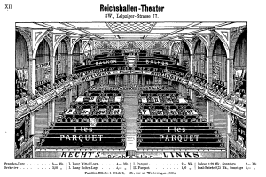 Eine Schwarz-Weiß-Zeichnung des Reichshallen Theaters in Berlin, Deutschland, zeigt eine detaillierte Illustration des Auditoriums mit Text oben und unten.