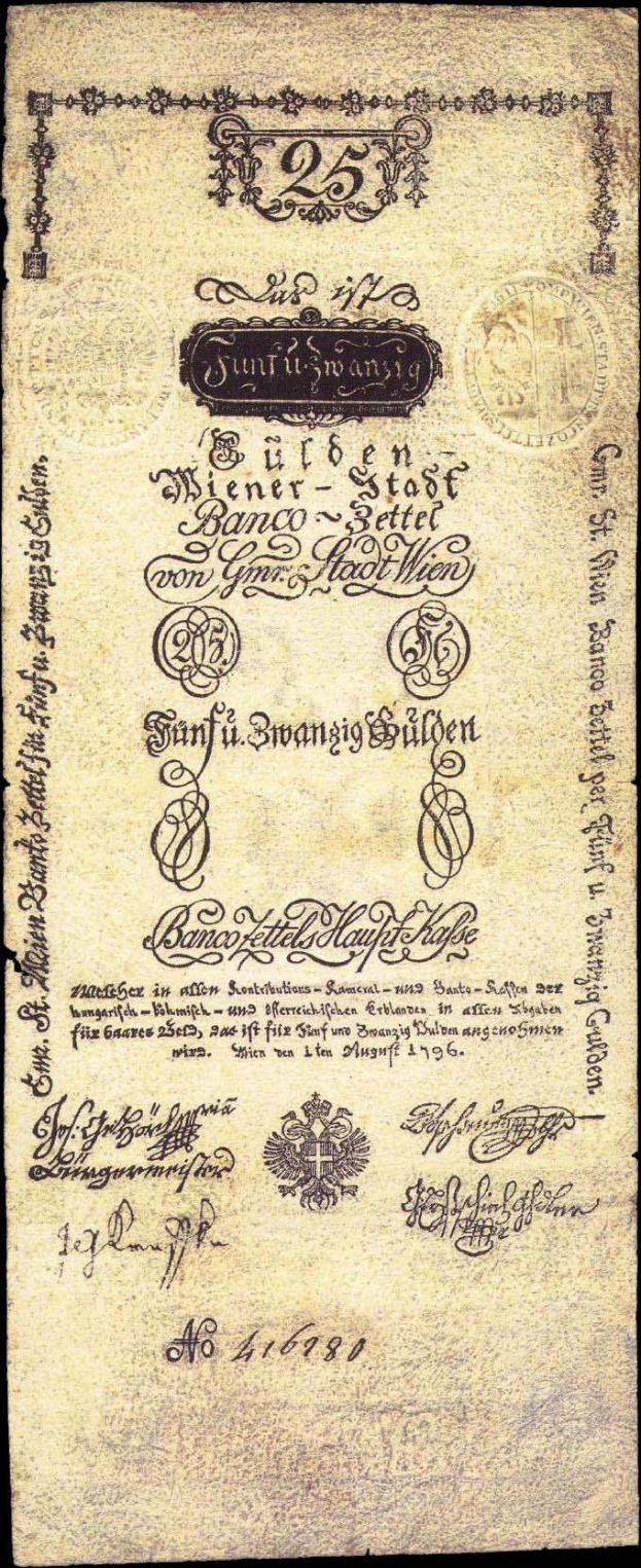 Alte deutsche Banknote mit schwarzem Hintergrund und Porträt eines Mannes, beschriftet mit "Schweiz 25 Pfennig", mit einem Stempel auf der rechten Seite.