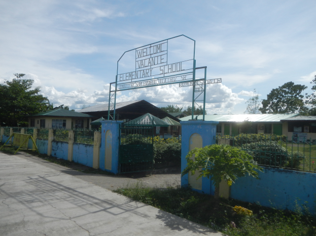 Der Eingang einer Schule mit einem Schild, umgeben von einer Straße, Gras, Pflanzen, Bäumen und Häusern, unter einem bewölkten Himmel.