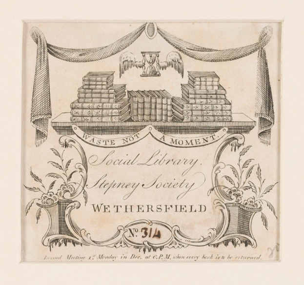Ein Plakat mit einer Zeichnung eines Tisches mit Büchern und dem Text "Vergeude Keine Zeit Soziale Bibliothek, Stepney Society, Wethersfield".
