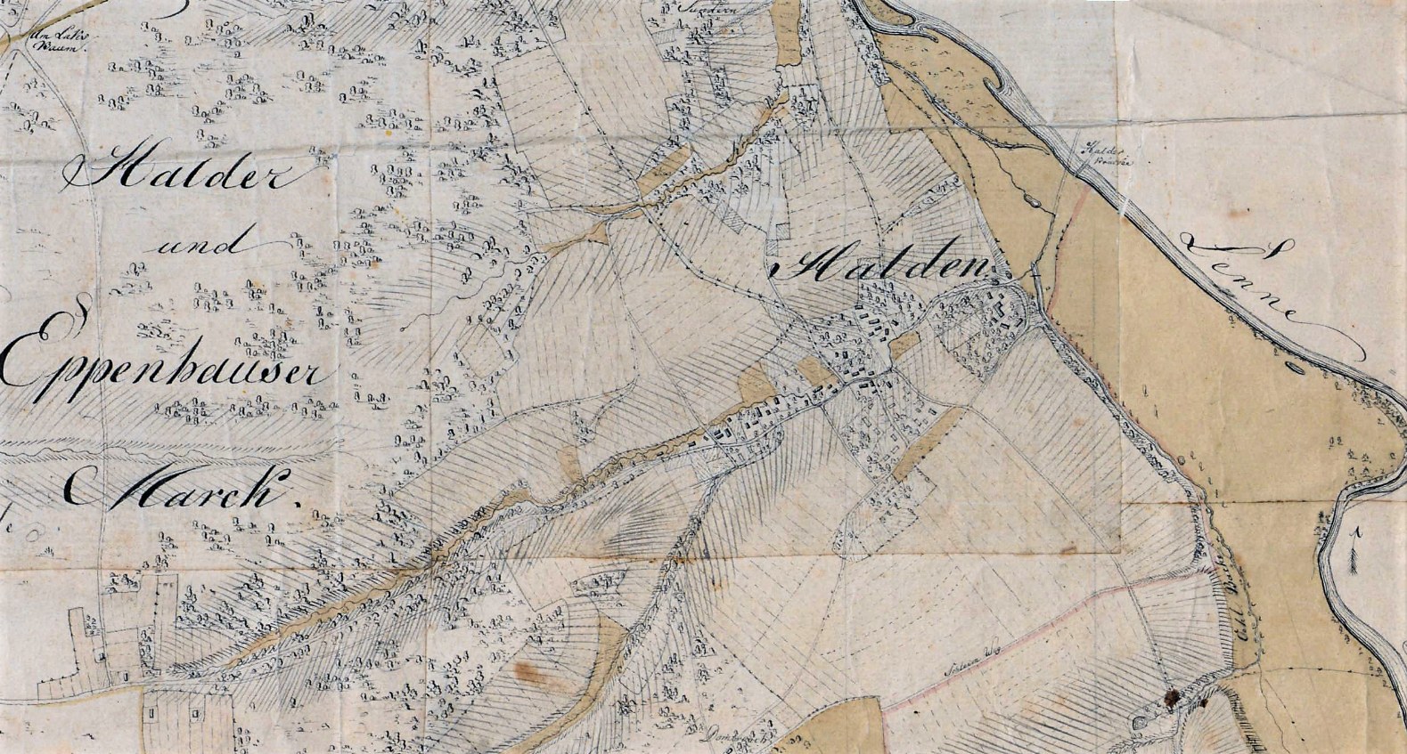 Alte Karte von Halden und Eppenhausen mit detaillierten Straßen, Gebäuden und anderen Merkmalen, einschließlich Textanmerkungen.