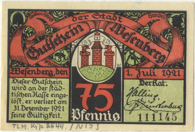 Eine alte deutsche Banknote mit einem Geb├Ąude darauf, mit dem Text 'Bundesliga' und einem Logo unten, vor einem wei├čen Hintergrund.