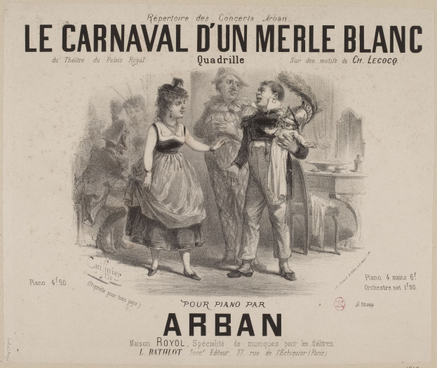 Ein Blatt mit einer Zeichnung eines Mannes und einer Frau in traditioneller Kleidung vor einem festlichen Karneval, beschriftet mit "le carnaval d'un merle blanc".