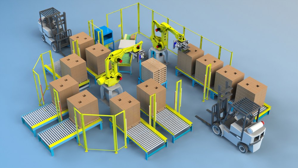 Gruppe automatisierter Roboter, die auf einem Förderband in einem Lager arbeiten und Kartons handhaben, mit Fahrzeugen auf dem Boden.