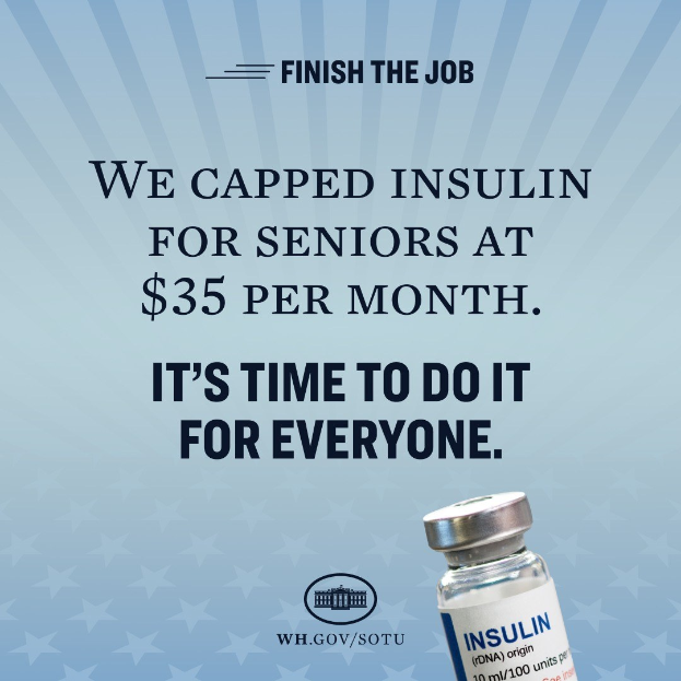 Plakat mit einem Insulinfläschchen und dem Text "Wir haben Insulin für Senioren auf 35 Dollar pro Monat begrenzt. Es ist an der Zeit, das für alle zu tun."