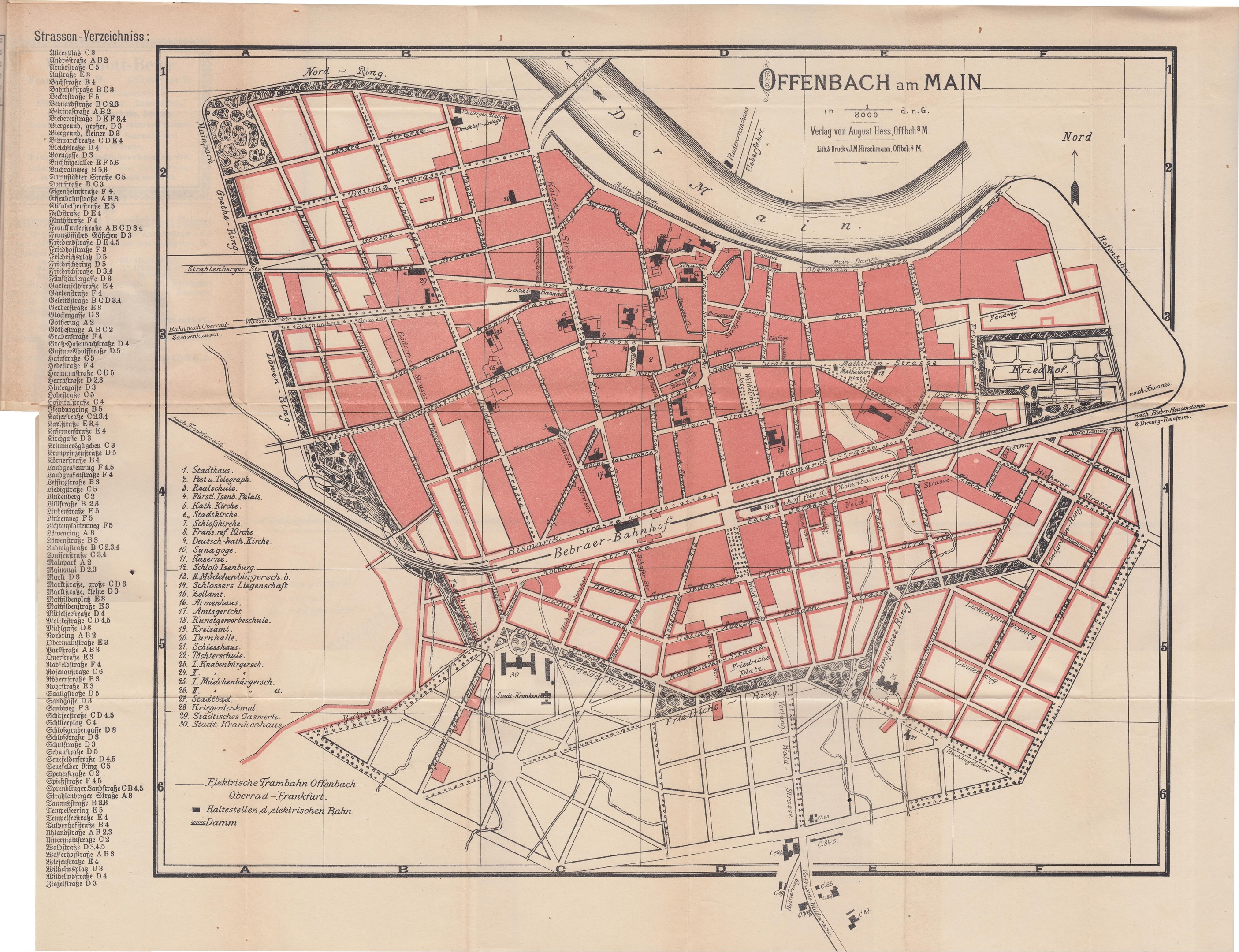 Detailiertes altes Stadtplan von Offenbach, Deutschland, zeigt Straßen, Gebäude und Sehenswürdigkeiten mit weißem Hintergrund.
