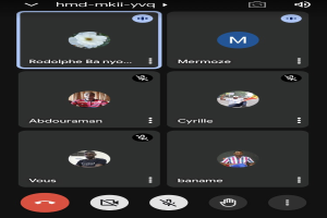 Ein Smartphone-Bildschirm, der einen Videoanruf in der Google Assistant-App mit sichtbaren Teilnehmern, App-Titel und zugehörigen Icons anzeigt.
