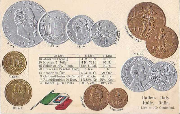 Italienische Banknoten und Münzen von 1877–1910, darunter eine Reihe von 20-Lire-Münzen mit Porträts und Text, die neben der italienischen Flagge angezeigt werden.