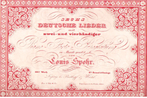Ein altes deutsches Wertpapier mit rotem Rand und weißem Hintergrund, das den Text 'Louis Spohr - Zweites Deutsches Lieder' zeigt.