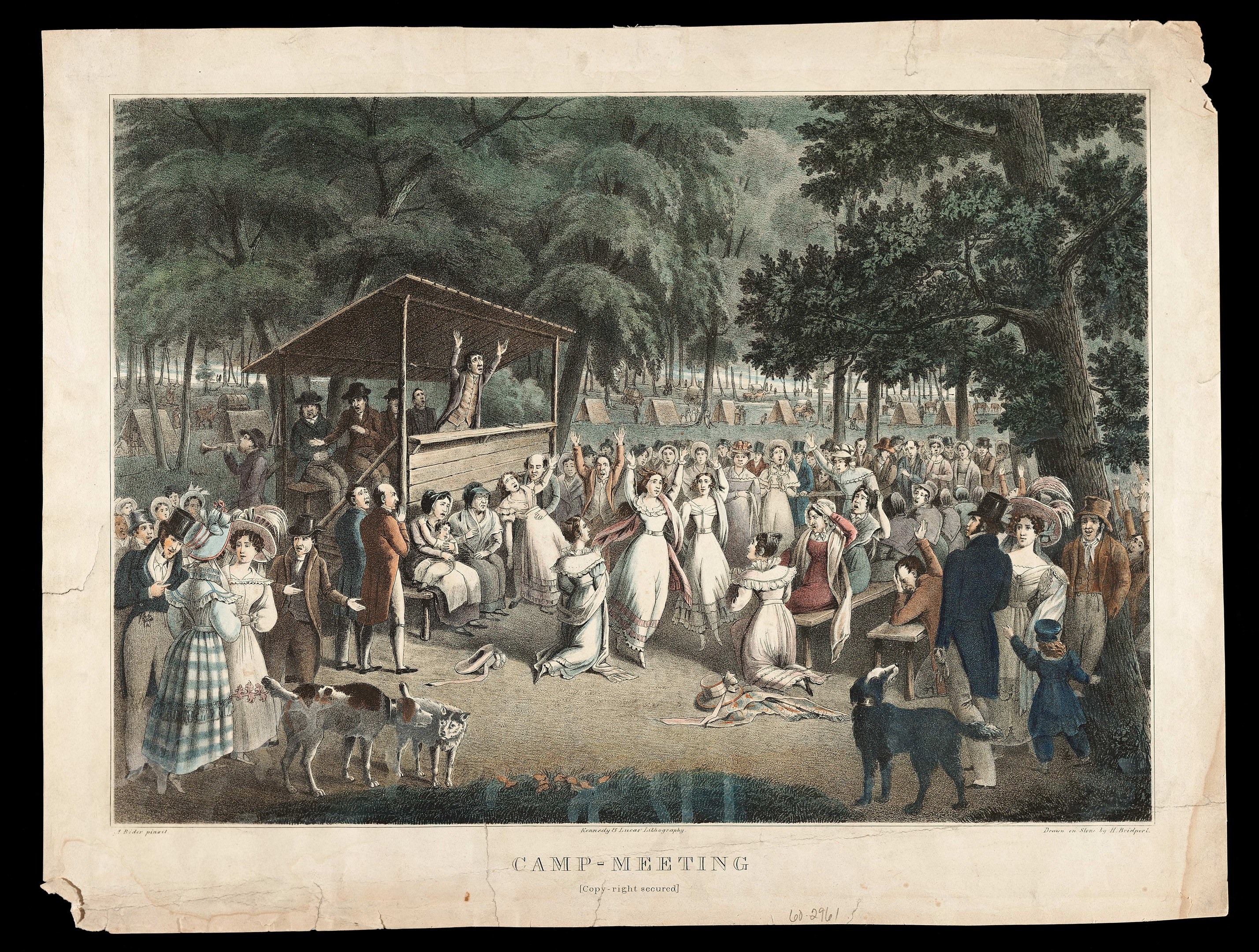 Gruppe von Menschen im Park mit Bäumen im Hintergrund und einer Hütte im Vordergrund, mit dem Text "Camp Meeting" unten.