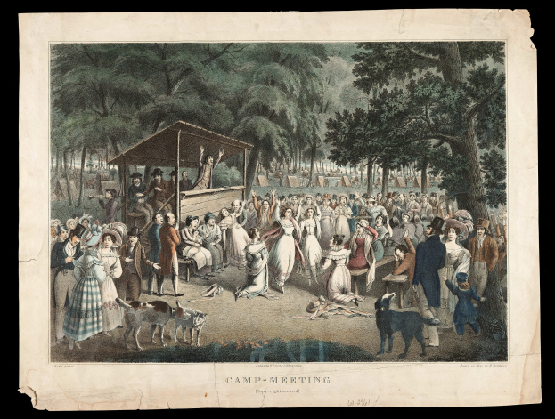 Gruppe von Menschen im Park mit Bäumen im Hintergrund und einer Hütte im Vordergrund, mit dem Text "Camp Meeting" unten.