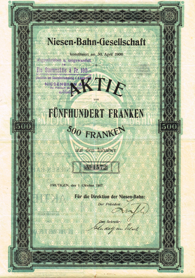 Ein altes deutsches Wertpapier mit grüner Umrandung, das den Text 'Niesen-Bahn-Gesellschaft' trägt und wahrscheinlich von der deutschen Regierung ausgegeben wurde.