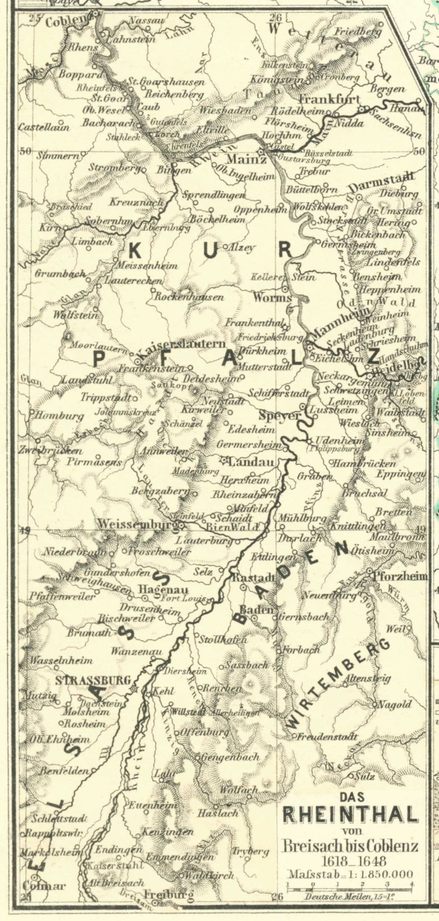 Detailiertes altes Kartenmaterial des Rheins in Deutschland, das Flüsse, Städte und geografische Merkmale zeigt, mit zusätzlichen Informationen in Texten oben und unten.