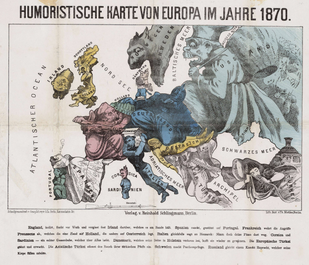 Ein Plakat mit der Aufschrift "Humoristische Karte von Europa im Jahre 1870" mit einer Karte von Europa umgeben von Cartoon-Bildern.