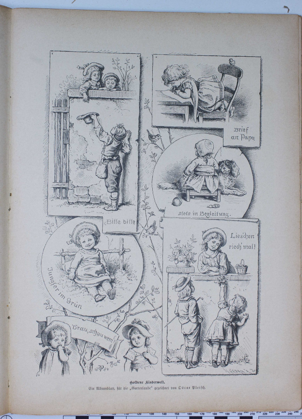 Offenes Buch auf einer flachen Oberfläche, das eine bunte Illustration von verschiedenen Kindern zeigt, die fröhlich in einem üppigen grünen Garten mit Bäumen und Sträuchern spielen.