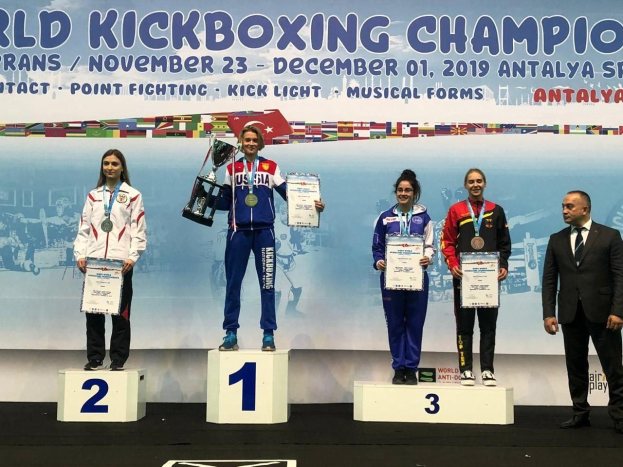 Fünf Personen auf einem Podium mit Trophäen und Zertifikaten, im Hintergrund ein "World Kickboxing Championship Antalya 2019"-Banner.