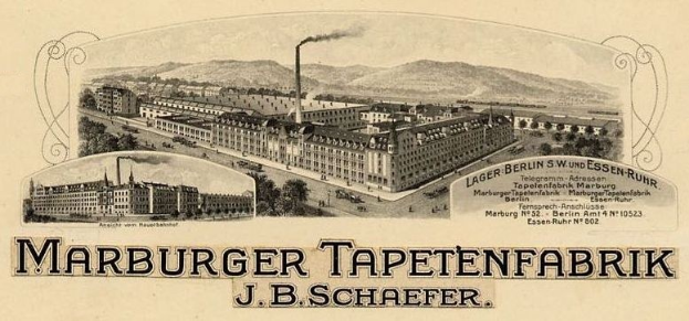 Werbeposter für die Marburger Tapetenfabrik in Berlin, Deutschland, zeigt Bilder von Gebäuden, Bäumen, Hügeln und Rauch neben Text.