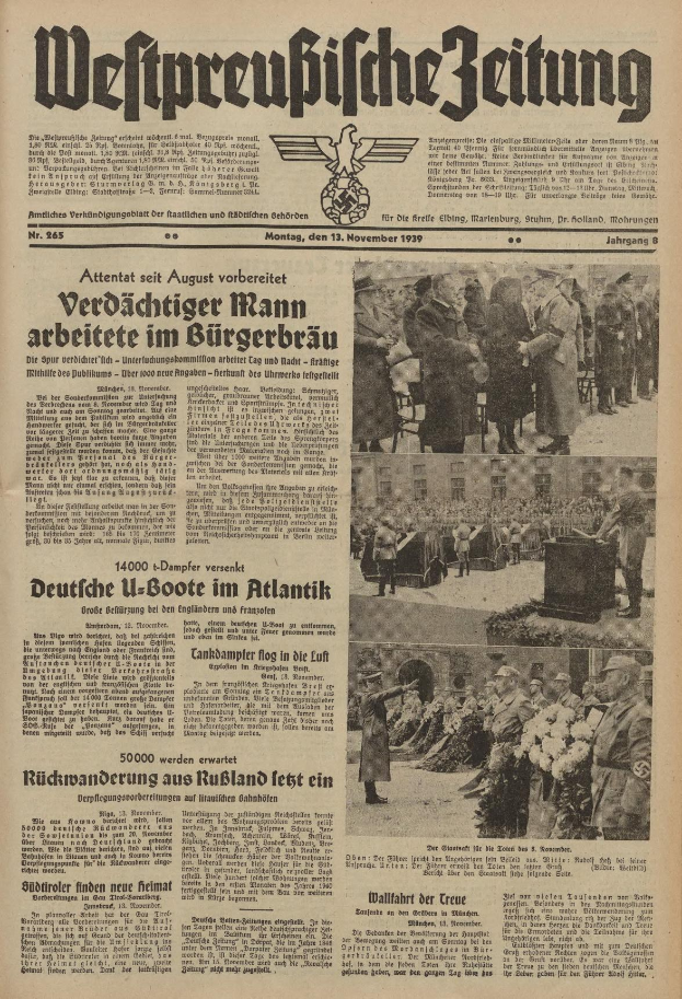 Schwarze-weiße Titelseite einer deutschen Zeitung vom 13. November 1939 mit der Schlagzeile 'Weitpreubliche Zeitung' und einem Foto von Menschen in traditioneller deutscher Tracht, die feiern.