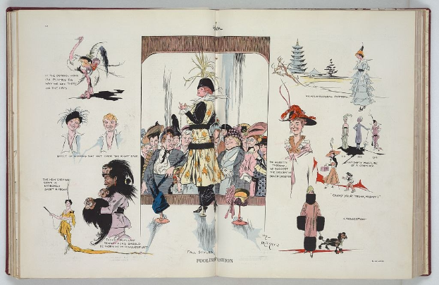 Ein aufgeschlagenes Buch mit einer Zeichnung einer vielfältigen Gruppe von Menschen auf einer flachen Oberfläche, das Bilder und Text enthält, wahrscheinlich über Mode.