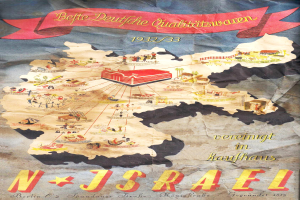 Ein altes Plakat mit einer detaillierten Karte von Israel, verziert mit verschiedenen Symbolen und Text.