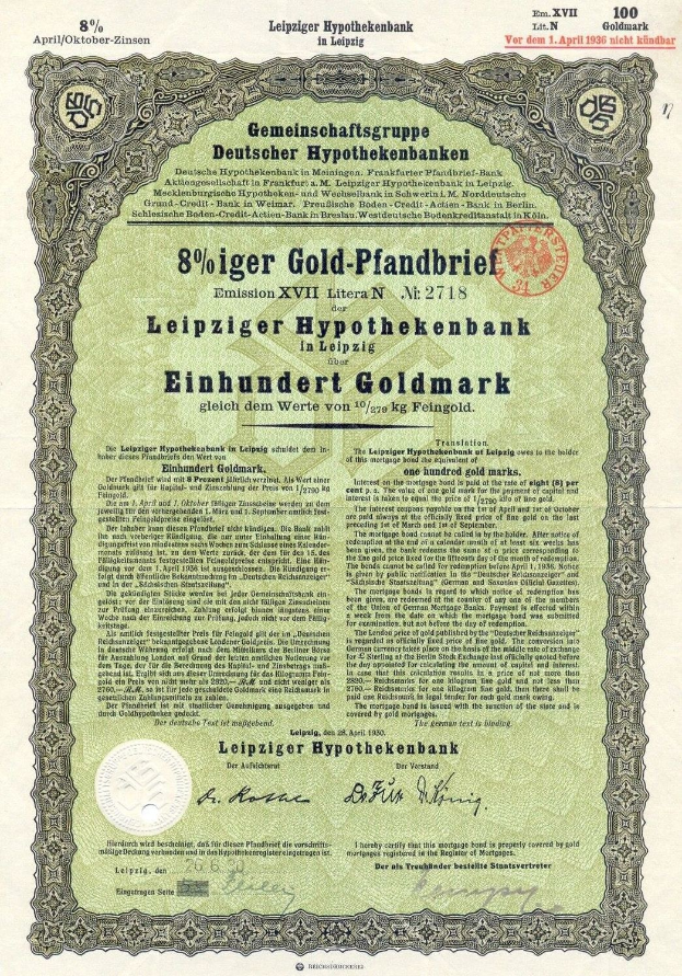 Altes grünes Aktienzertifikat der Leipziger Hypothekbank mit gedrucktem Text und einem Stempel.