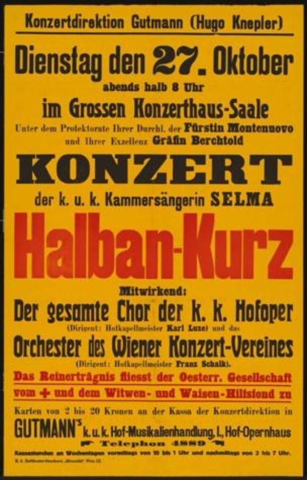 Gelbes Plakat in Berlin, Deutschland, mit der Aufschrift "Konzert Halban-Kurz".