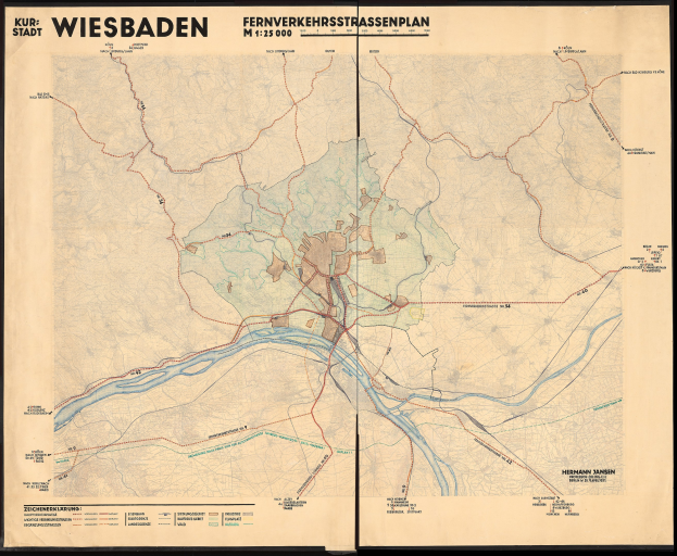 Alte Karte von Wiesbaden, Deutschland, gerahmt und mit detaillierten Straßen, Gebäuden und Sehenswürdigkeiten mit beschreibendem Text.