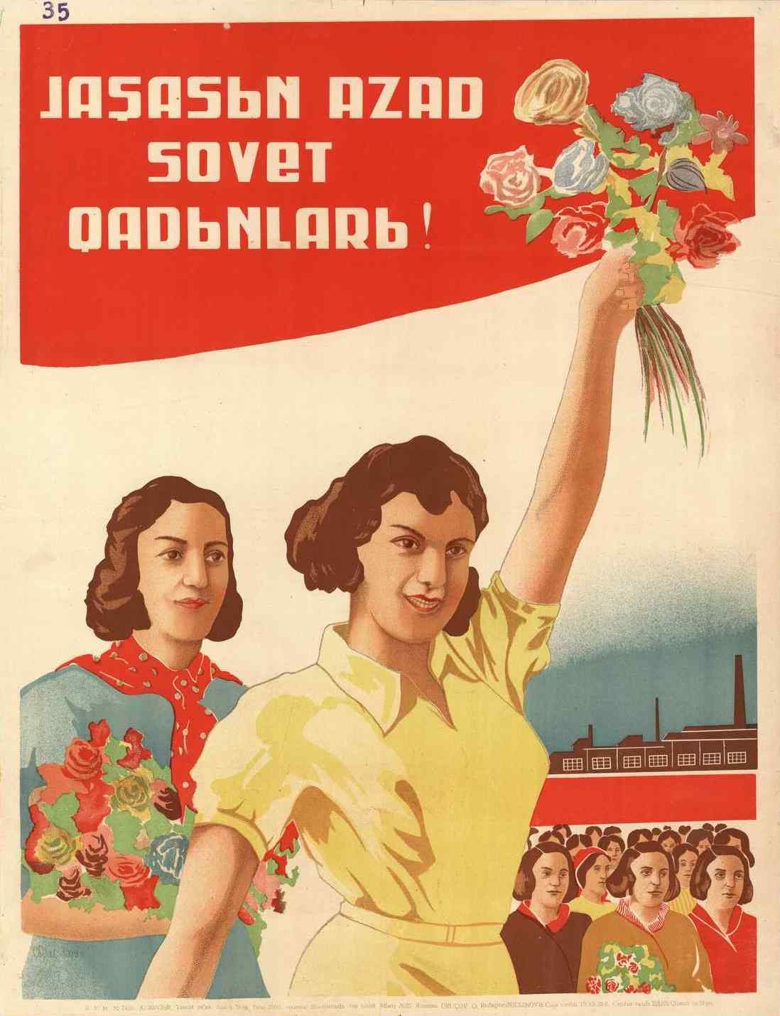 Sowjetisches Propagandaplakat zum Internationalen Frauentag, das eine Frau mit einem Blumenstrauß in der Hand zeigt, umgeben von Menschen und einem Gebäude, mit der Aufschrift "Frauentag."