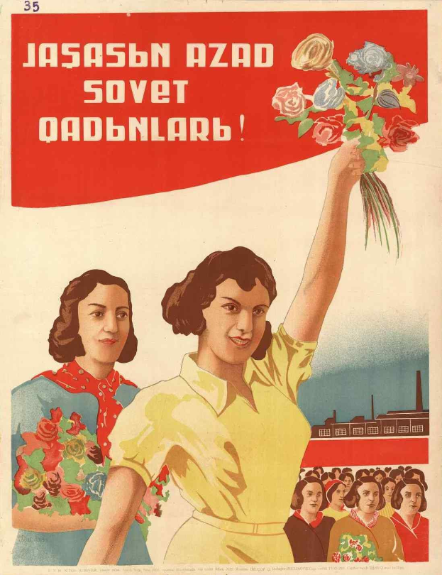 Sowjetisches Propagandaplakat zum Internationalen Frauentag, das eine Frau mit einem Blumenstrauß in der Hand zeigt, umgeben von Menschen und einem Gebäude, mit der Aufschrift "Frauentag."