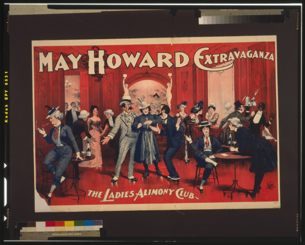Plakat für das May Howard Extravaganza im Ladies Alimony Club, das eine Gruppe von Menschen an Tischen zeigt.