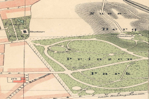 Alte detaillierte Karte von Berlin, Deutschland, die den Standort eines Parks mit Straßen, Sehenswürdigkeiten und beschreibendem Text hervorhebt.