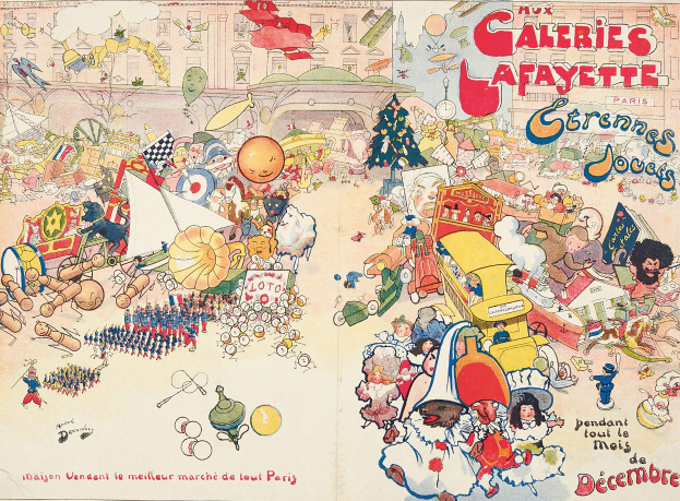 Ein aufgeschlagenes Buch mit einer Karikatur einer Stadt auf seinen Seiten, gefüllt mit zusätzlichen Karikaturen und Text.