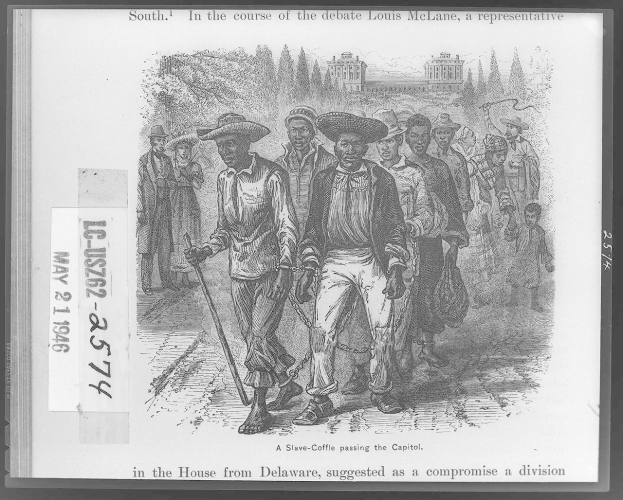Schwarze und weiße Zeichnung einer Gruppe von Menschen, die eine Straße entlanggehen, einige tragen Hüte und halten Stöcke, mit Bäumen und einem Gebäude im Hintergrund und dem Text "Südlich im Laufe der Debatte Louis McLane, ein Vertreter im Haus aus Delaware, schlug als Kompromiss eine Teilung vor" unten.